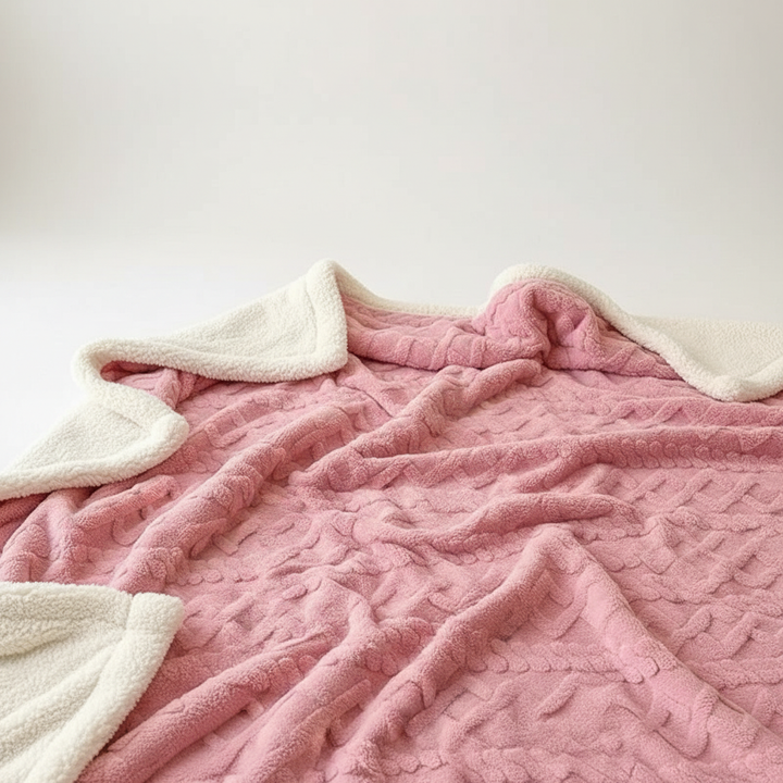 Dobbeltsidig pledd i fleece og lammeull for kalde kvelder