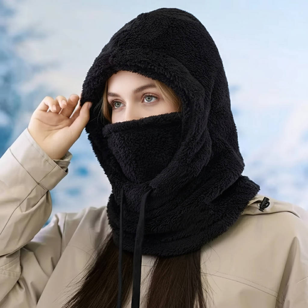 Balaklava i fleece med snøring og ekstra lang halsdel