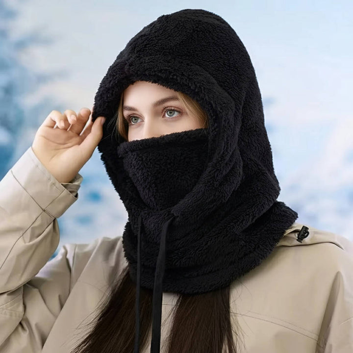 Balaklava i fleece med snøring og ekstra lang halsdel