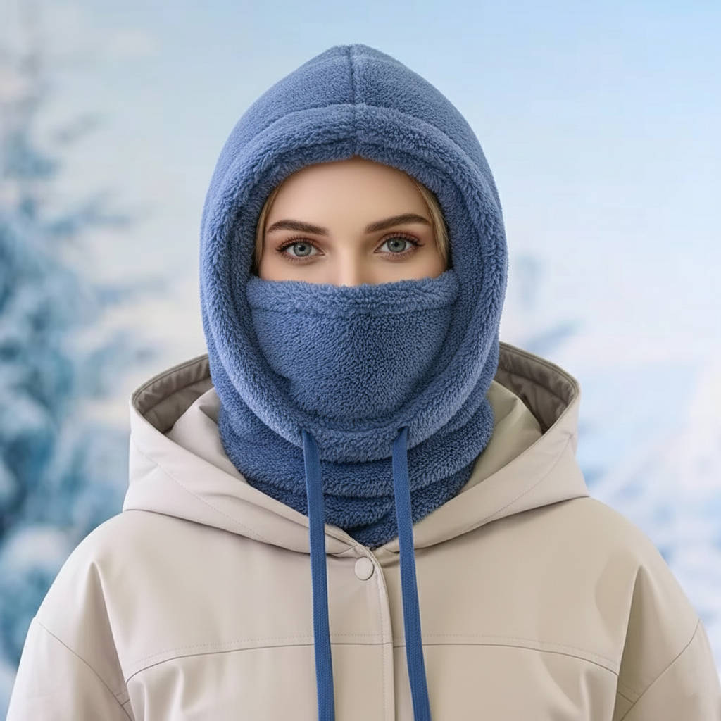 Balaklava i fleece med snøring og ekstra lang halsdel