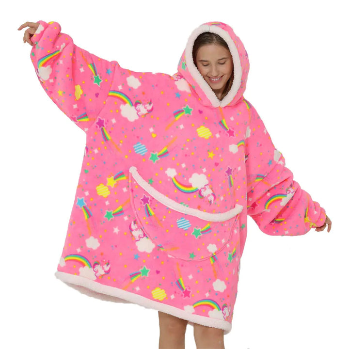Oversized fleecepledd med hette og romslige lommer
