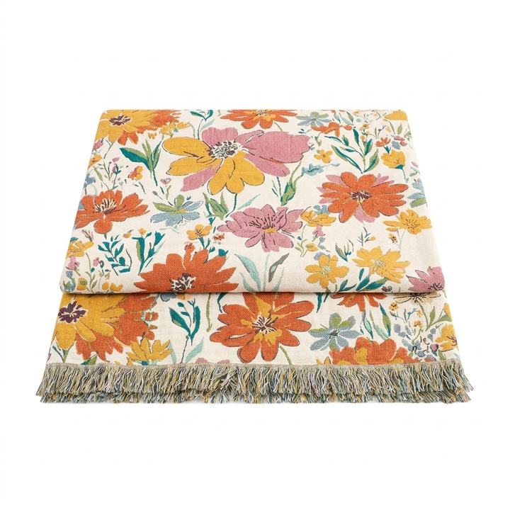 Bomullspledd i jacquard med markblomster for hele året