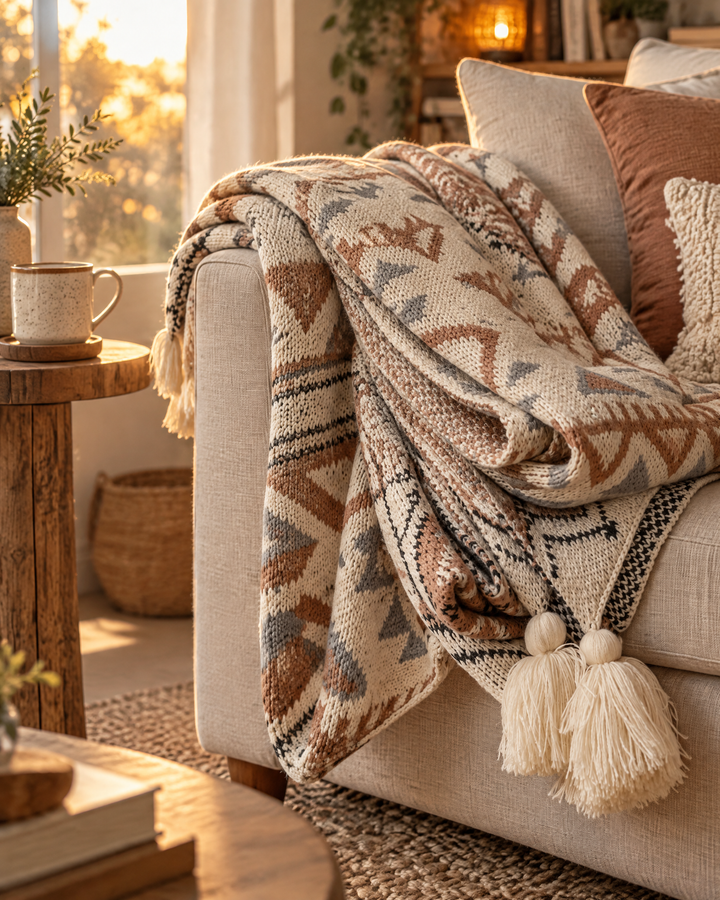 Strikket boho-pledd med dusker i myk naturbeige