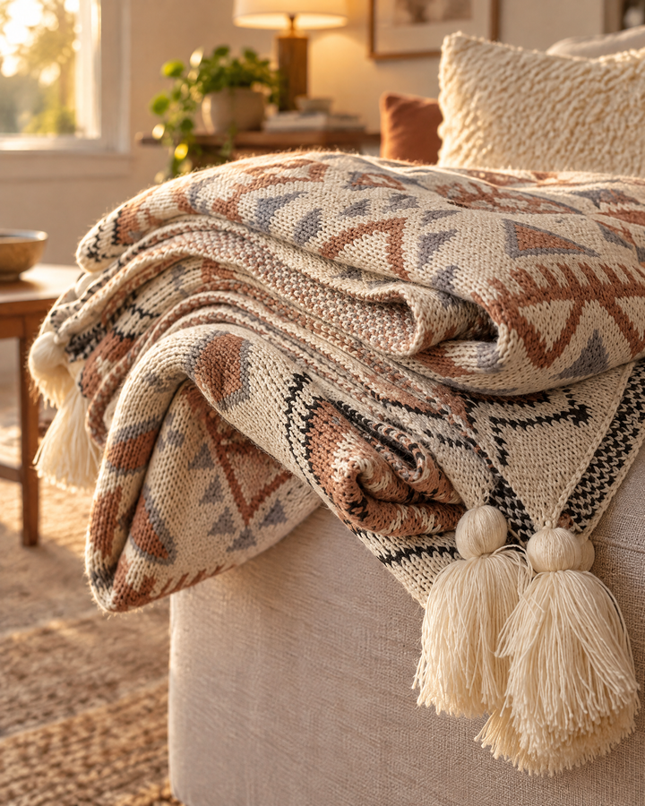 Strikket boho-pledd med dusker i myk naturbeige