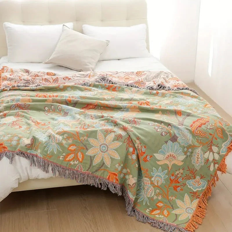 Koslund™ Boho-pledd i bomull med blomstermønster og frynser