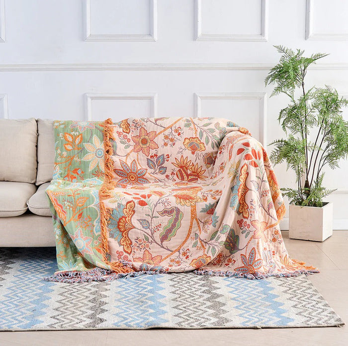 Koslund™ Boho-pledd i bomull med blomstermønster og frynser