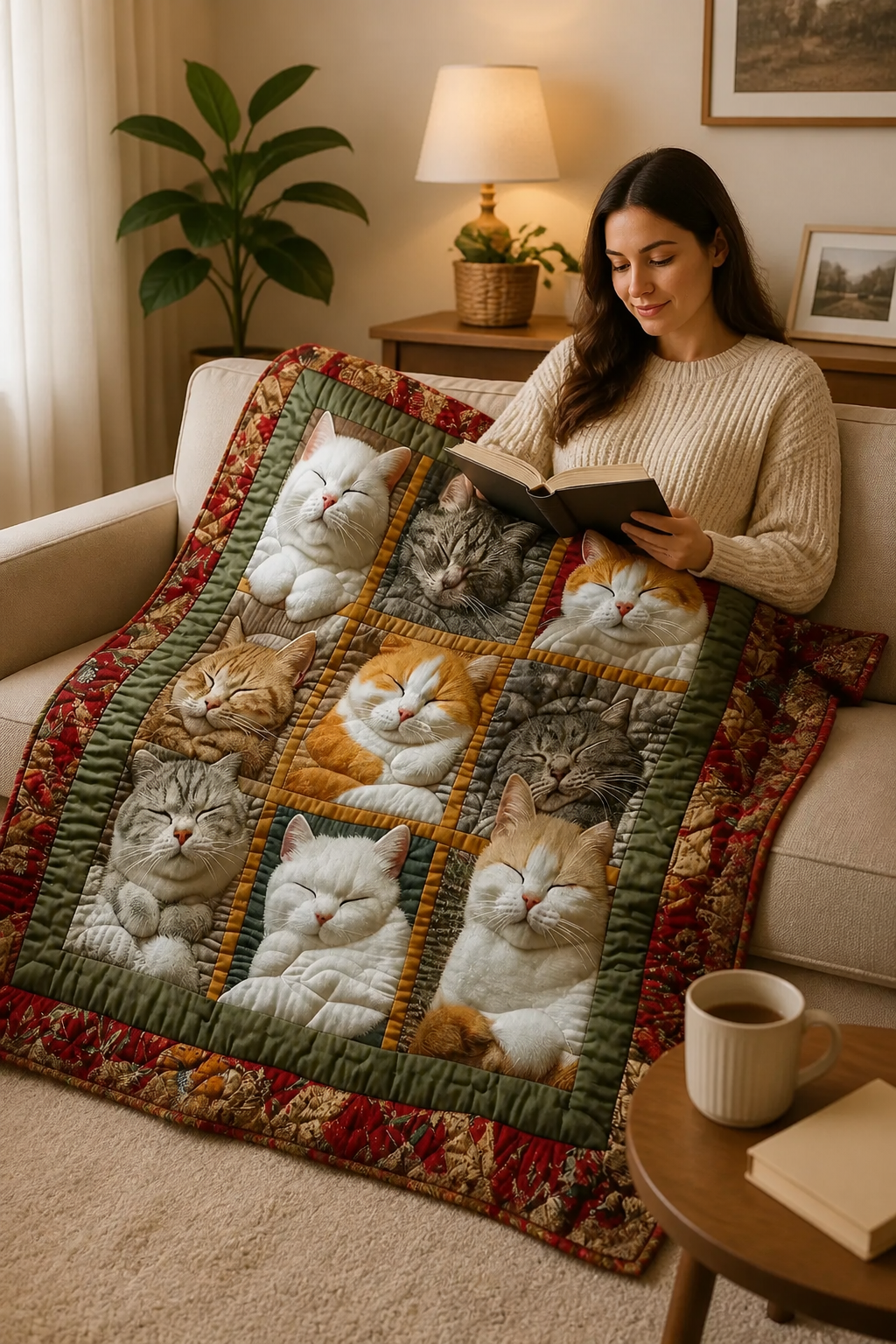 Vendbart flanellpledd med ni sovende katter