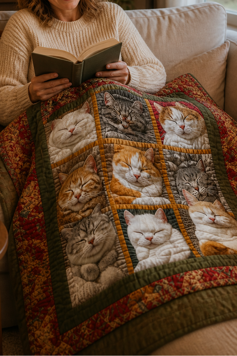 Vendbart flanellpledd med ni sovende katter